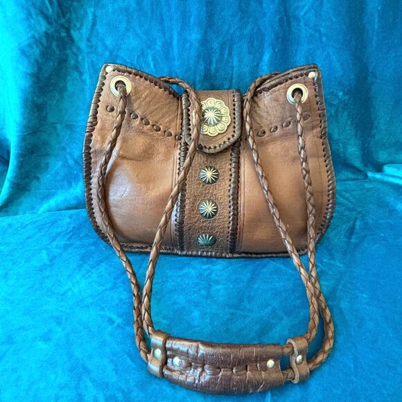 Southwestern Handmade Leather Shoulder Bag by Four Winds West - Conchos Pockets - Picture 3 of 12
